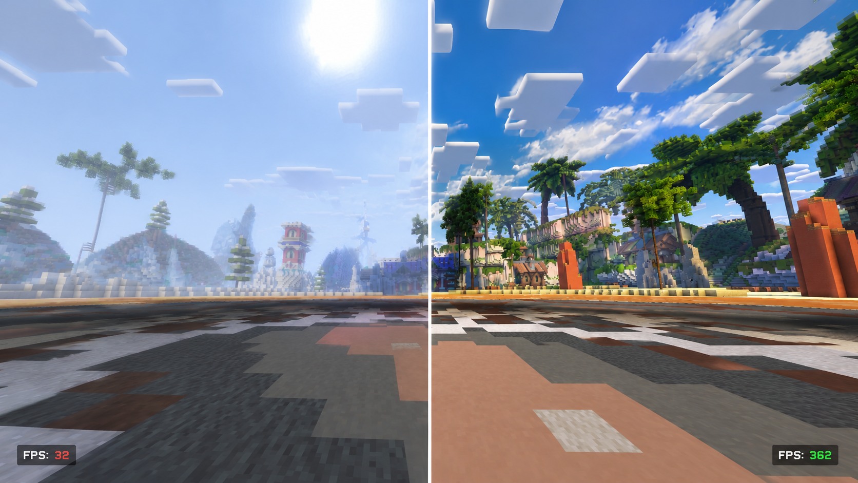 User-provided side-by-side Minecraft FPS comparison image