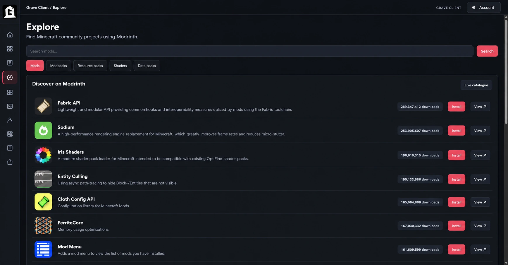 Actual Grave Client Explore page showing Modrinth mod listings